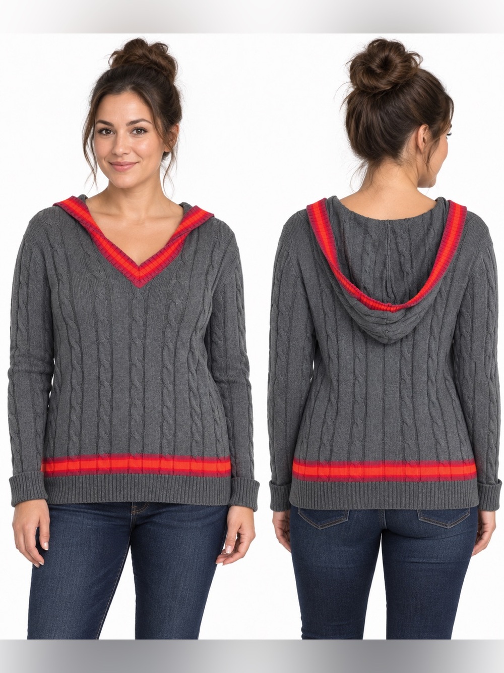 VTG Rocawear Cricket Sweater Gray Cotton Cable-Knit V-Neck Hooded Womens 2XL